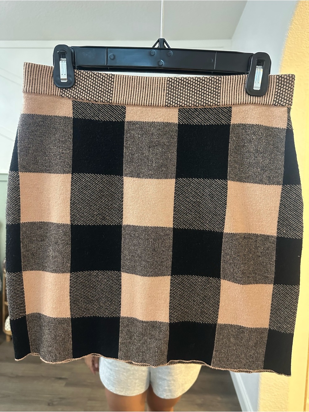 English Factory Black and Beige Buffalo Check Knit Mini Skirt